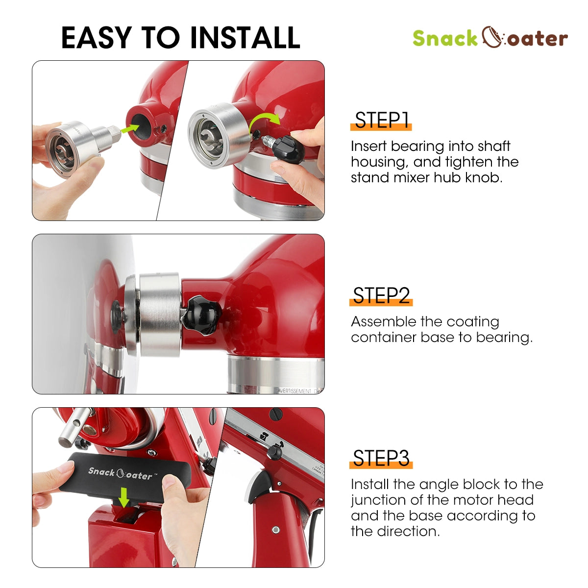 Step-by-step installation guide for a red stand mixer attachment with clear instructions.