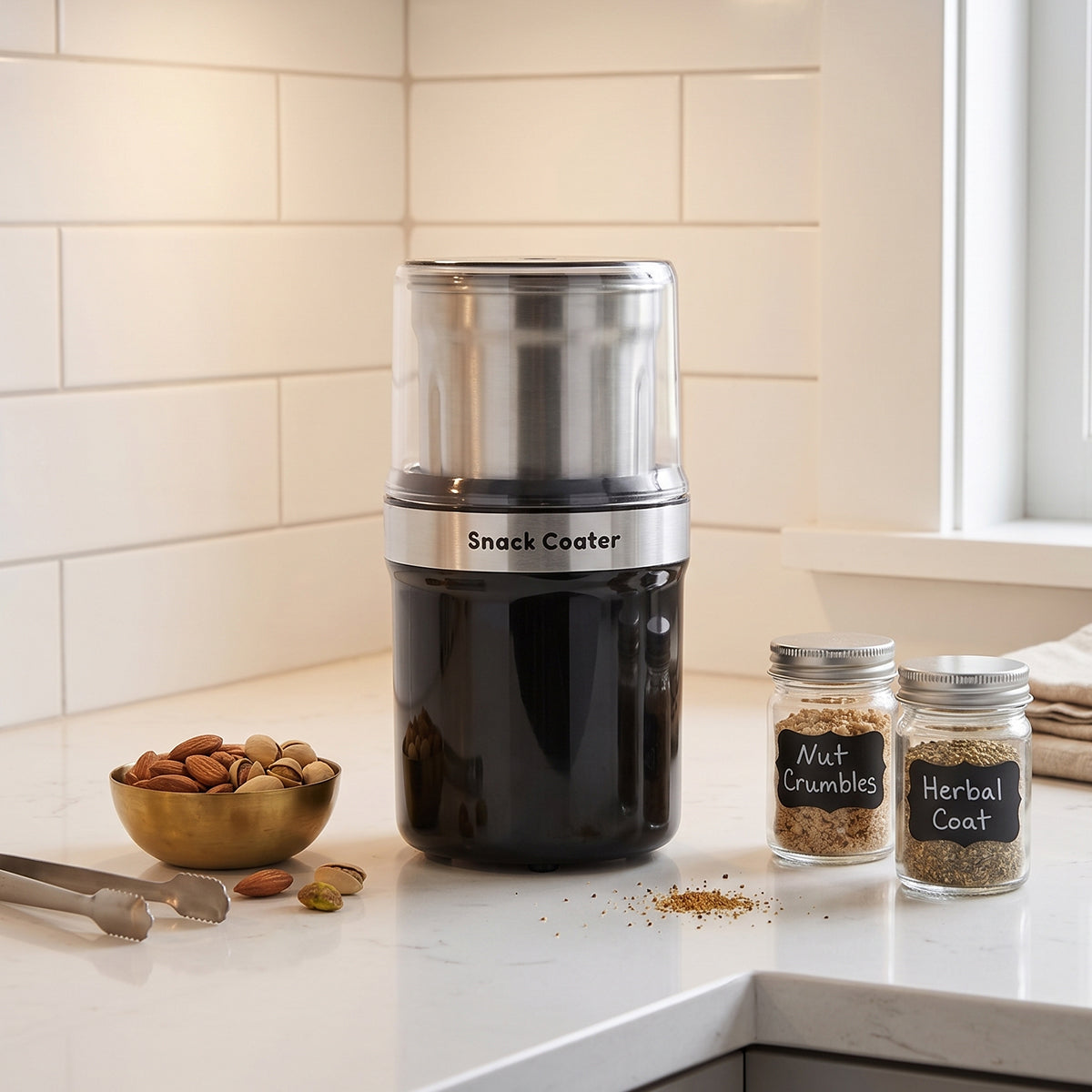 Snack Coater Spice and Nut Grinder, Electric Food Processors with Push-Top Lid for On/Off, Dishwasher Safe,Heavy-duty Motor, Stainless Steel Blades, Compact and easy-to-clean design