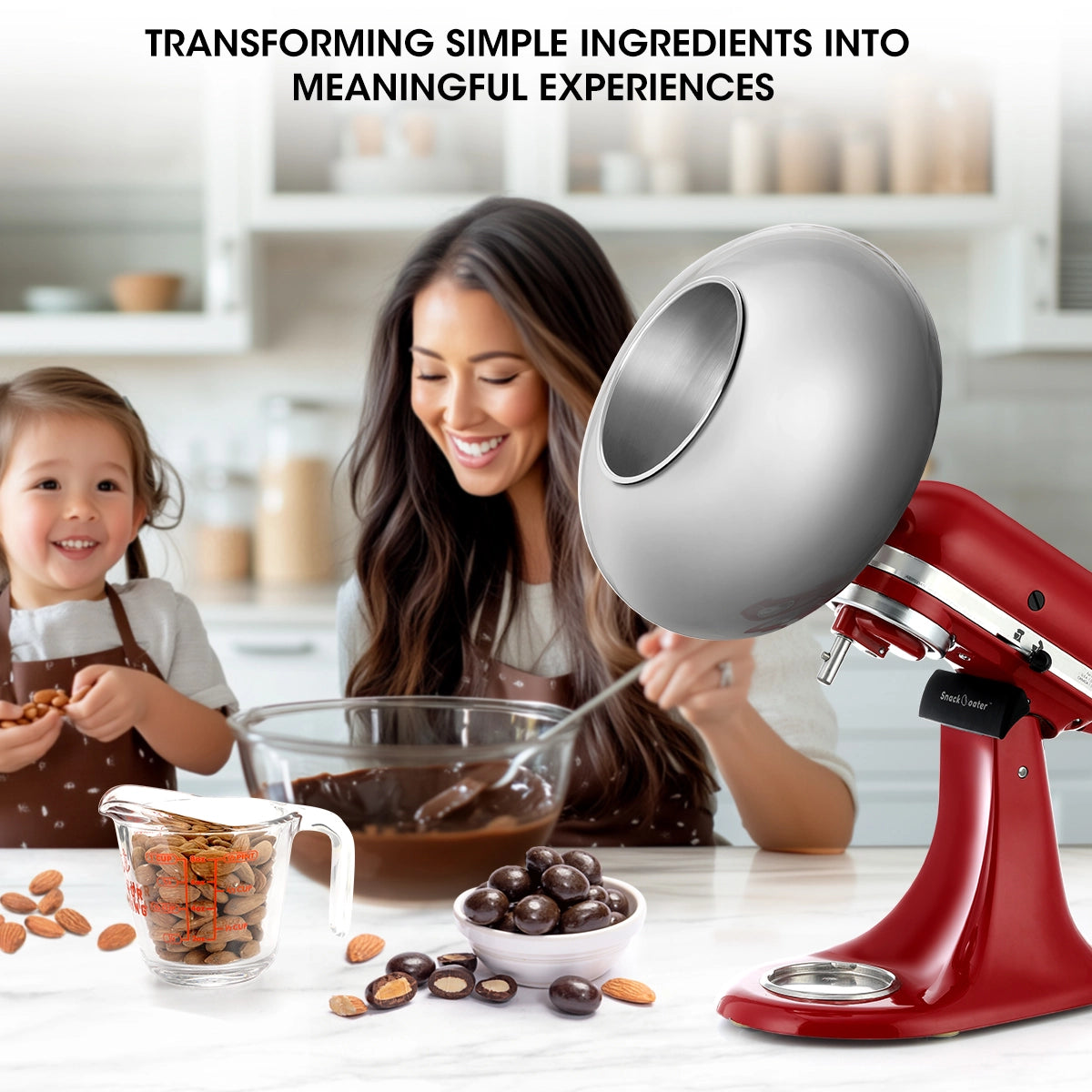 Woman and child in a kitchen with a red mixer, ingredients, and text about transforming simple ingredients into meaningful experiences.