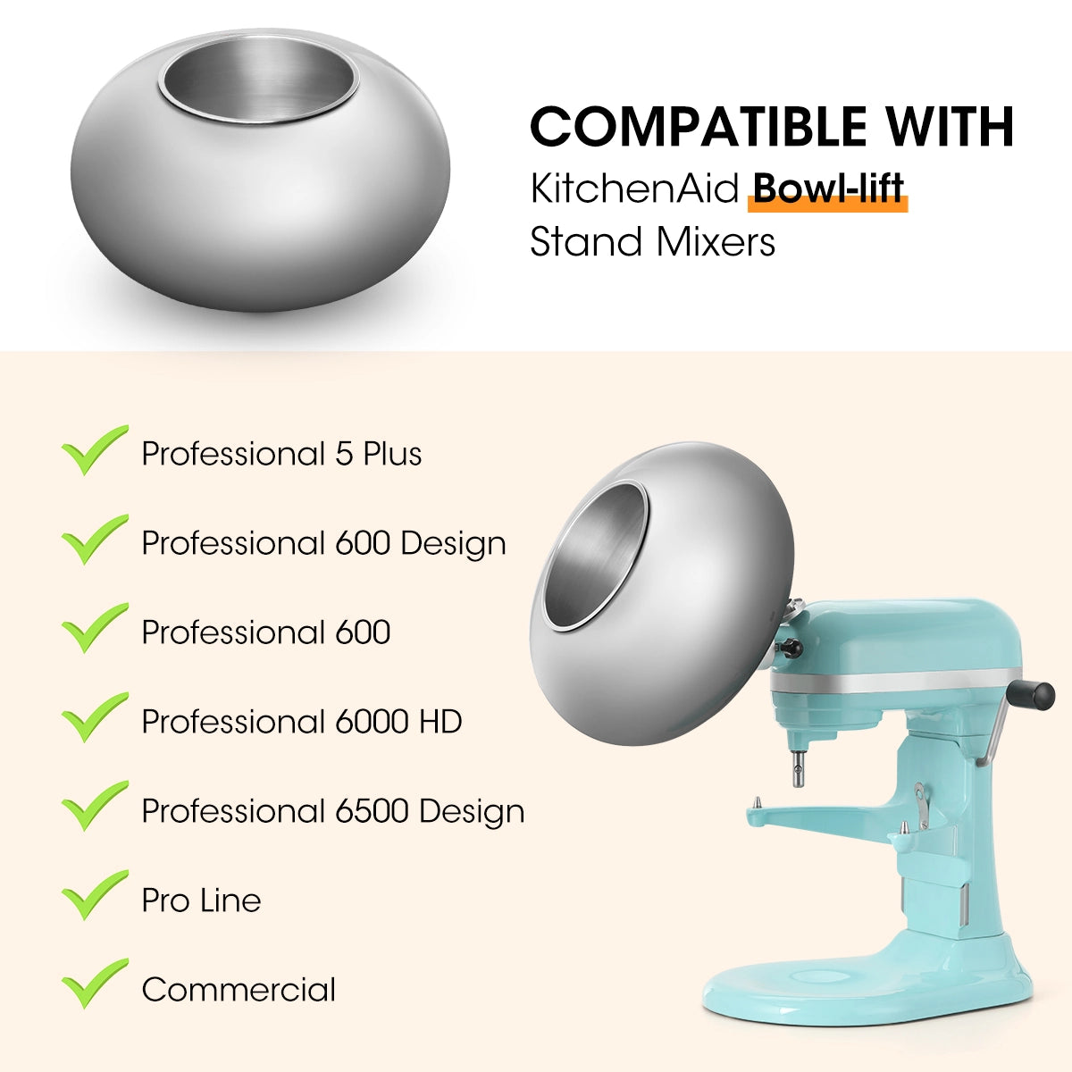 Metal bowl compatible with KitchenAid stand mixers on a beige background