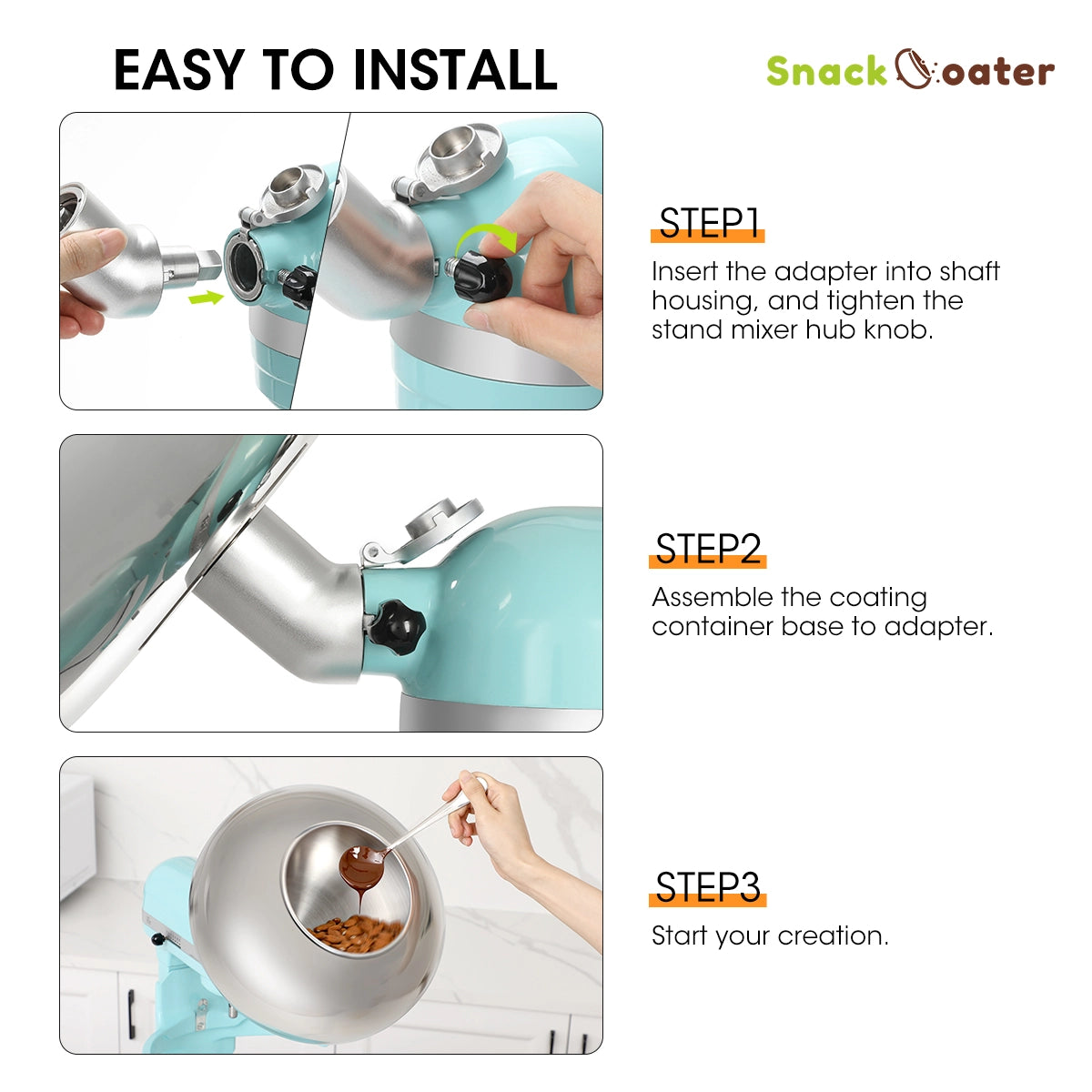 Instructions for installing a Snackoater on a stand mixer with step-by-step visuals.