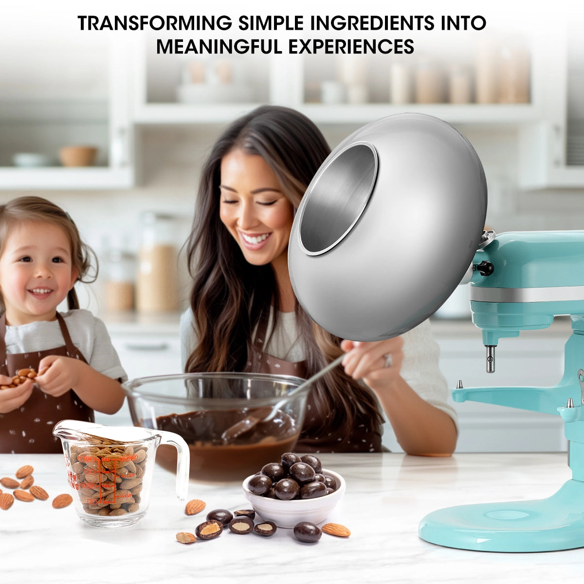 Woman and child in a kitchen preparing food with a mixer, surrounded by ingredients.