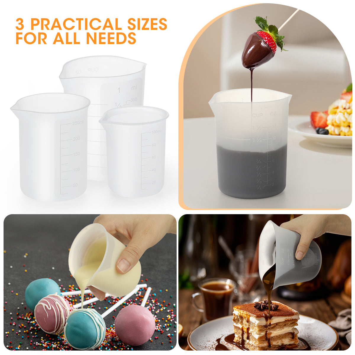 Collage of silicone molds for dessert making with text '3 Practical Sizes For All Needs'.