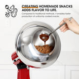 Red kitchen appliance with a large metal bowl, pouring a dark liquid over snacks.