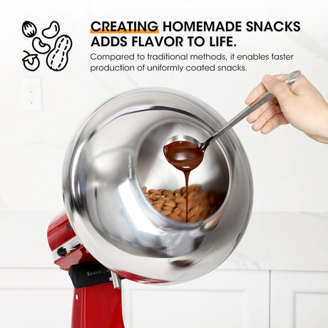 Red kitchen appliance with a large metal bowl, pouring a dark liquid over snacks.