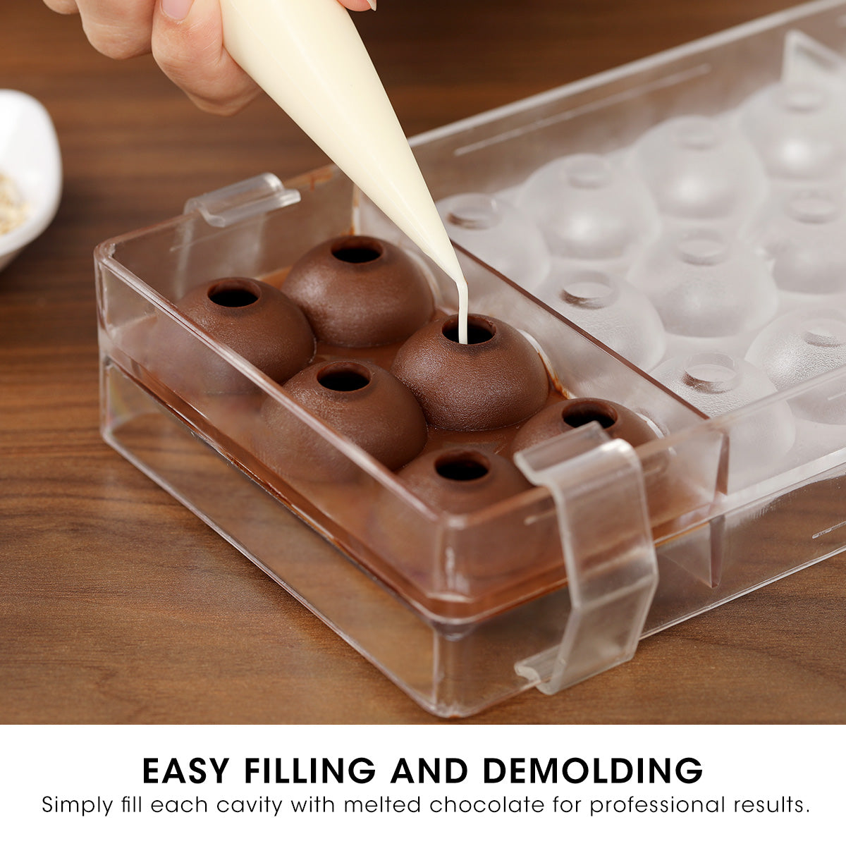 Easy filling and demolding.  Simply fill each cavity with melted chocolate for professional results.