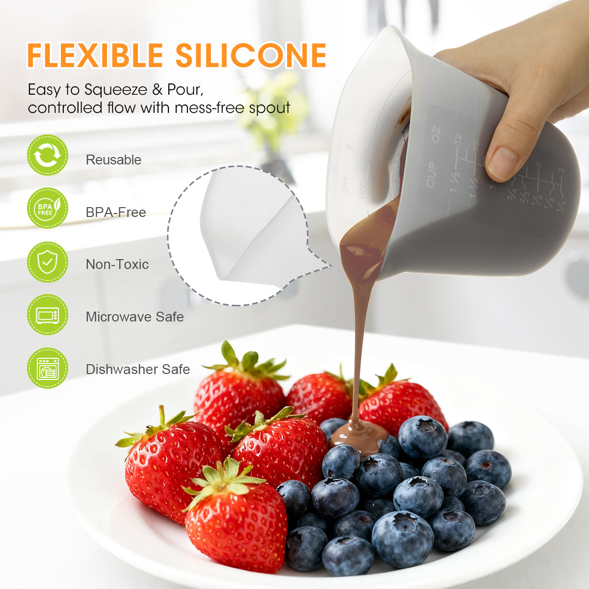 Silicone container pouring chocolate onto strawberries and blueberries with features listed on the left.