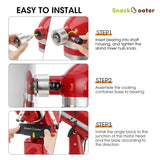 Step-by-step installation guide for a red stand mixer attachment with clear instructions.