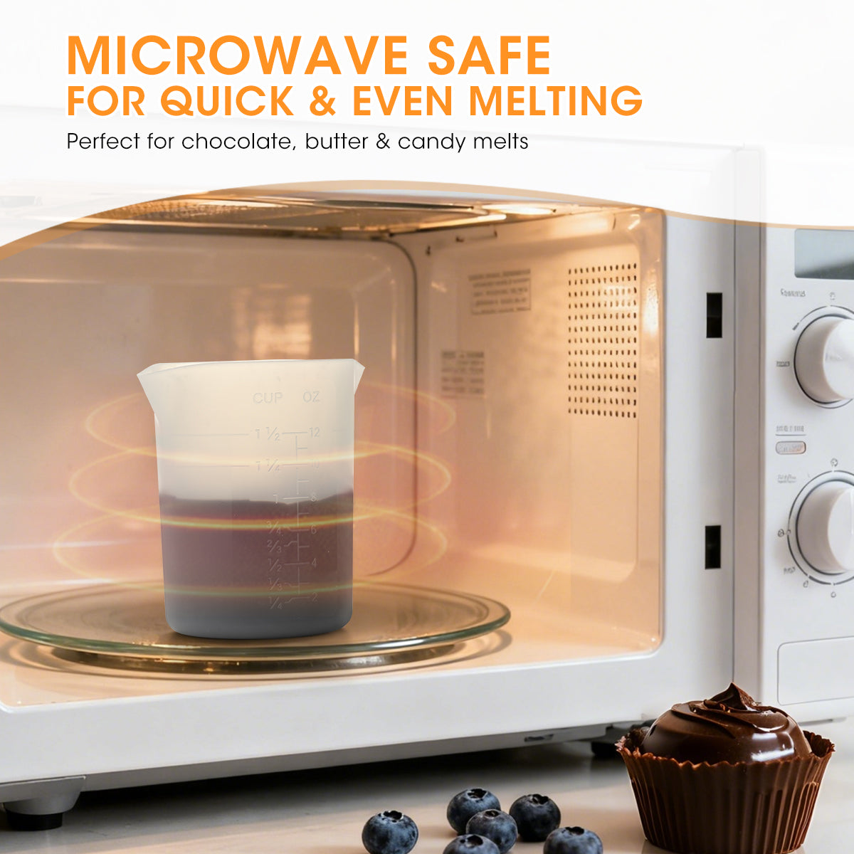 Microwave with a glass container inside, surrounded by chocolate and blueberries, with text about microwave safety.