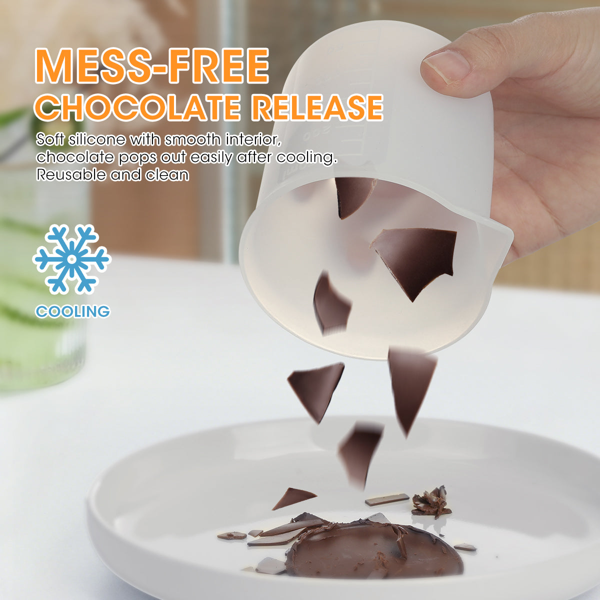 Silicone mold with chocolate pieces being released onto a plate, labeled 'Mess-Free Chocolate Release'.