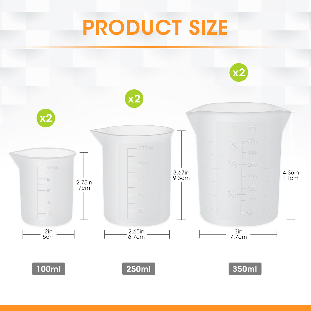 Measurement beakers with sizes labeled on a white background