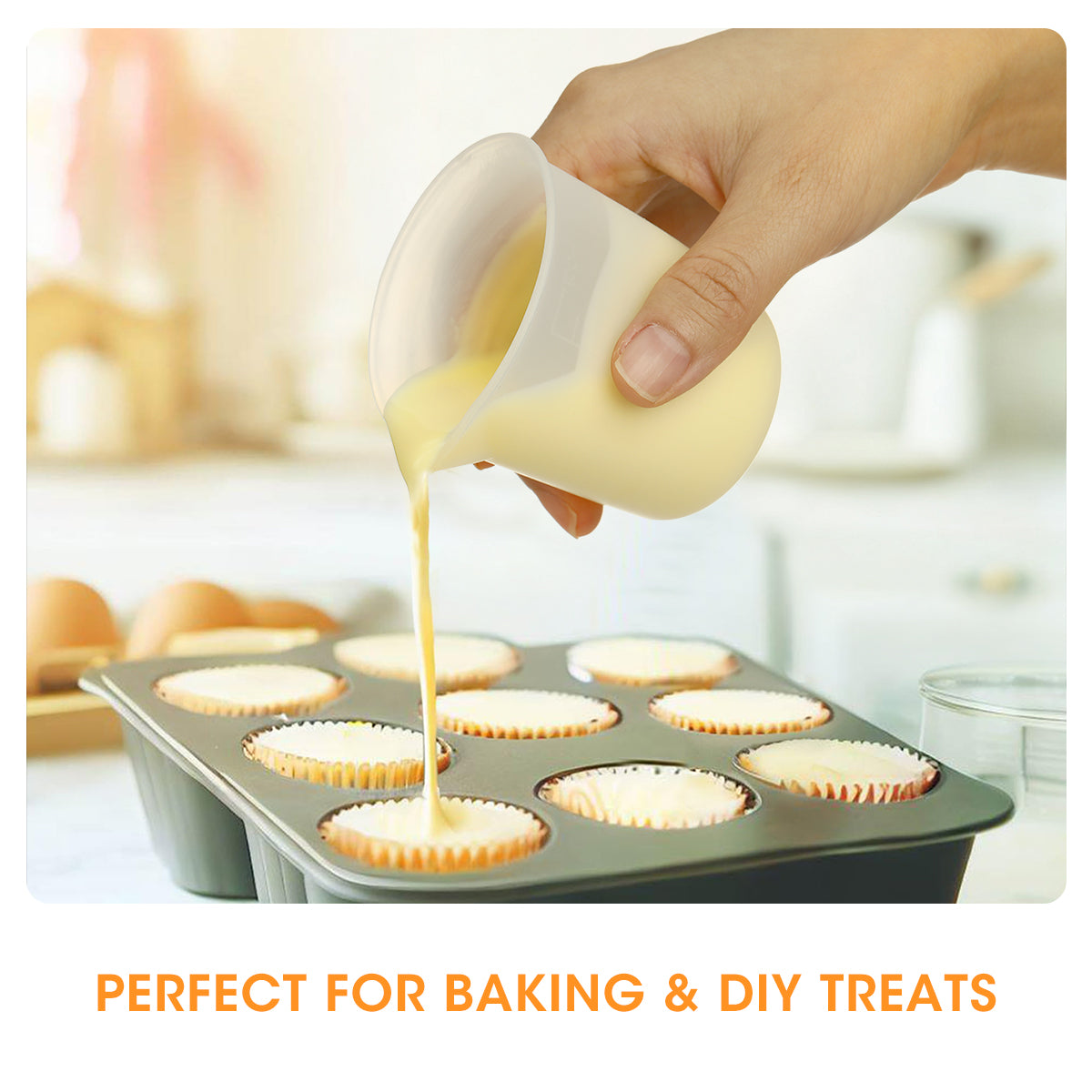 Hand pouring batter into a muffin tin with text 'Perfect for Baking & DIY Treats'.