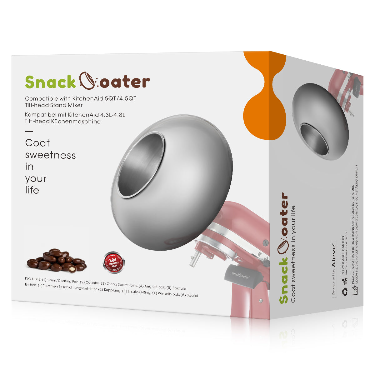 Snackcoater packaging with a stand mixer on a white background