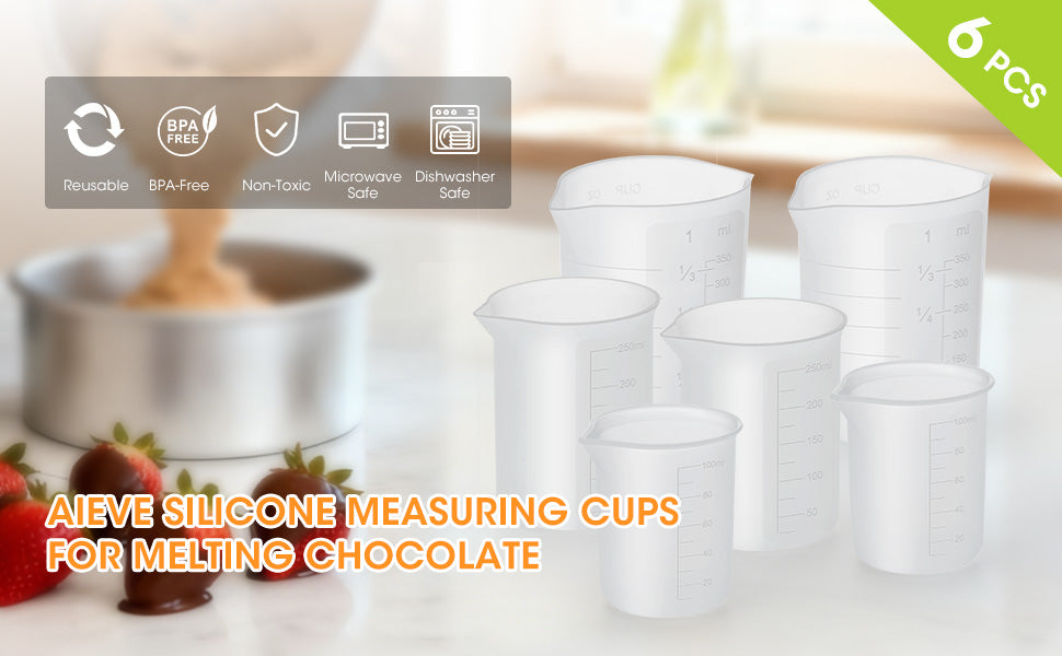 Set of silicone measuring cups for melting chocolate with branding and product details.