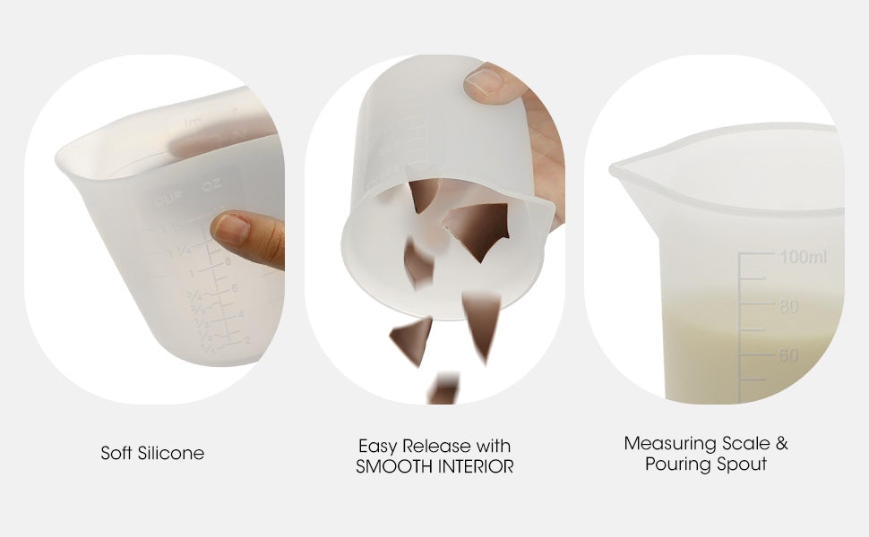 Silicone measuring cup with soft silicone, easy release, smooth interior, measuring scale, and pouring spout on a white background.