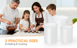 Family in a kitchen with baking ingredients and text about practical sizes for baking and cooking.