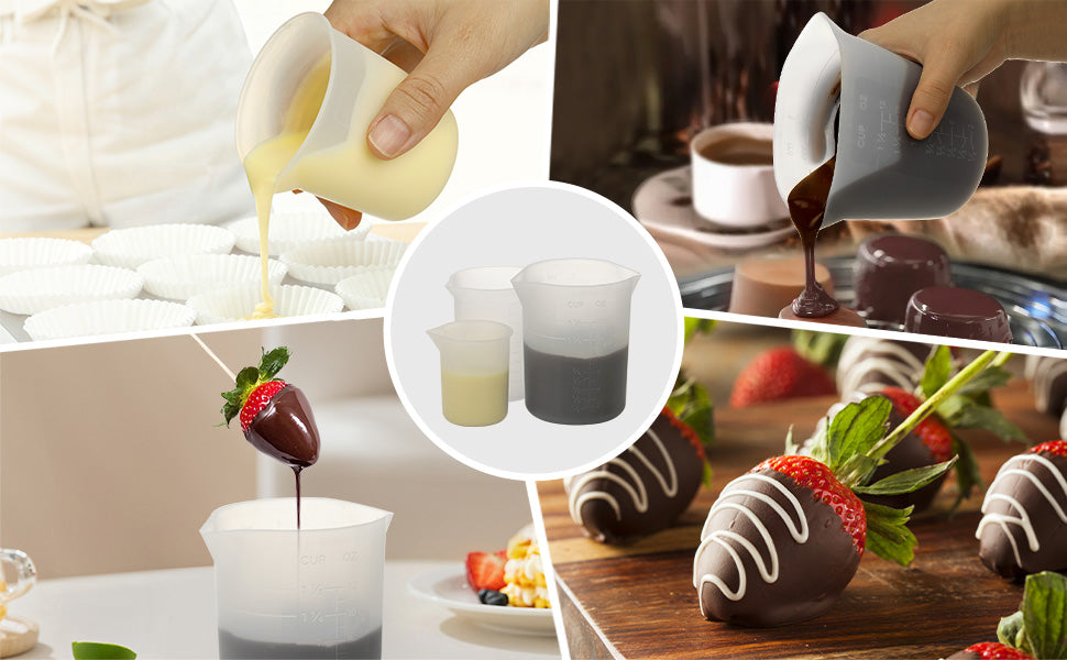 Collage of a person pouring liquids into silicone molds and using them to coat strawberries.