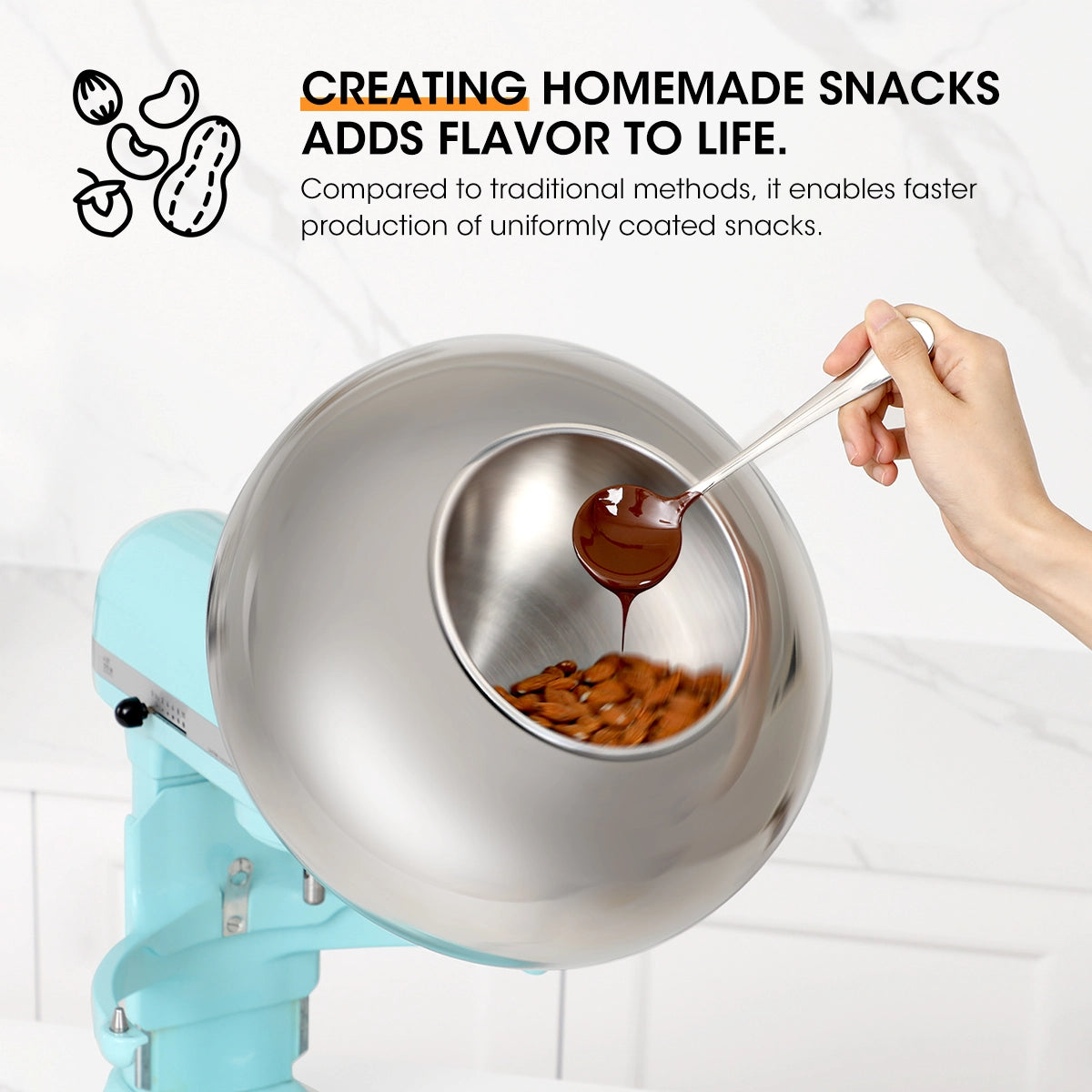 Hand holding a spoon with a liquid over a machine filled with snacks, with text about creating homemade snacks.