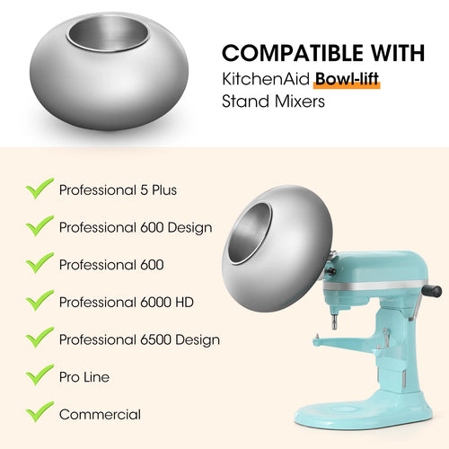 Metal bowl compatible with KitchenAid stand mixers on a beige background