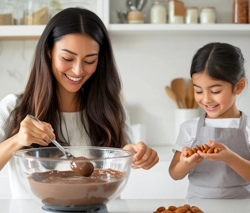 Woman and child in a kitchen making chocolate truffles