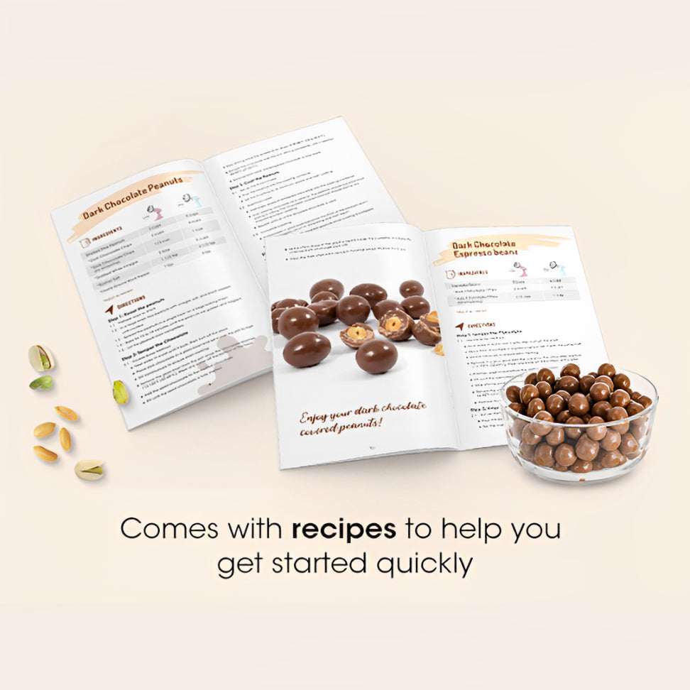 Open recipe book with dark chocolate covered peanuts on a beige background